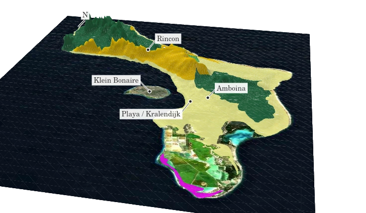 Schuin 3D-beeld van Bonaire met de gesteentekleuren uit het onderzoek
